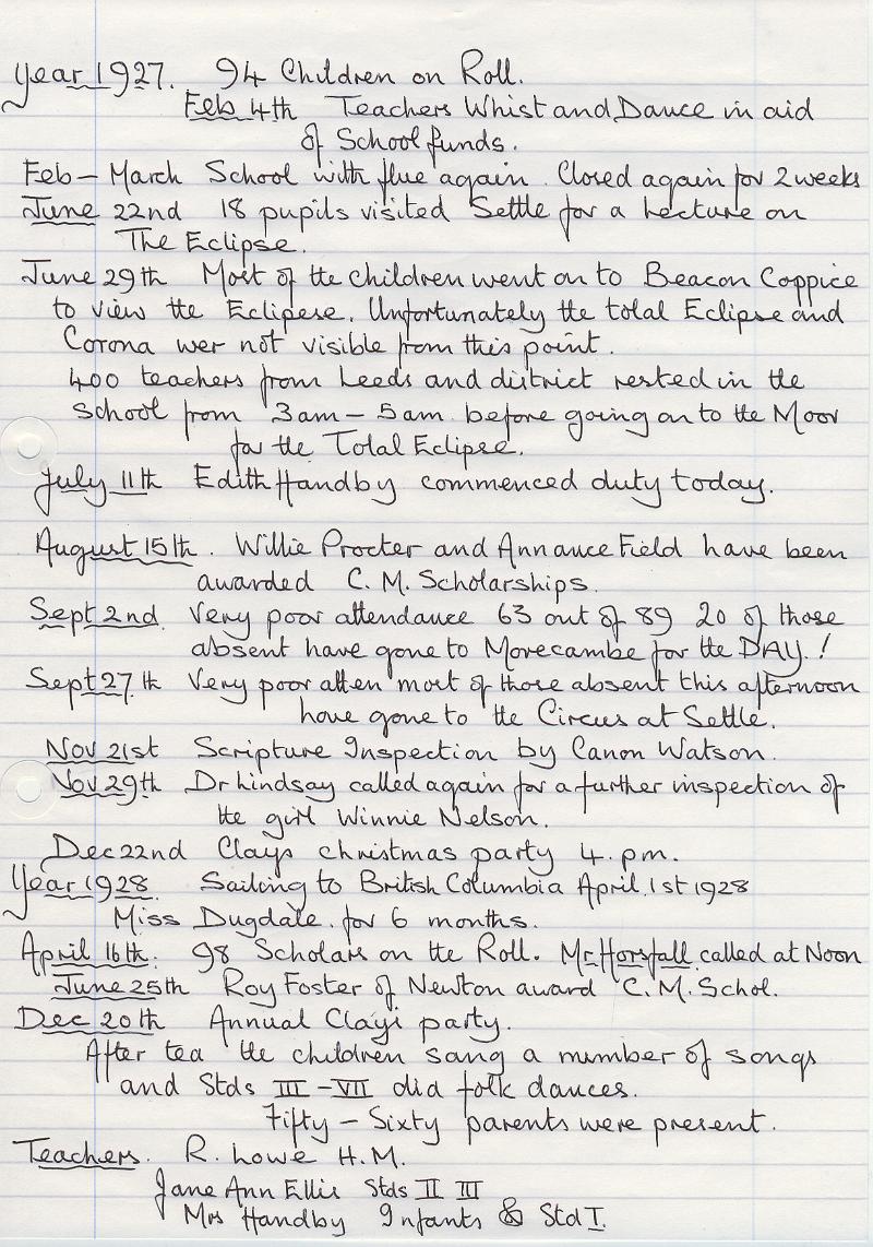 Log Book 1927-28.JPG - Extracts from Long Preston Endowed School Log Book 1927-28